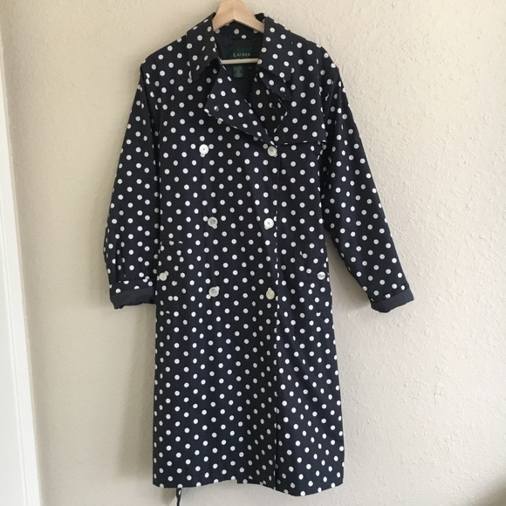Ralph Lauren Classic Navy Blue Polka Dot Trench Coat SZ M
